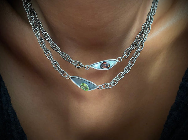 Peridot and tourmaline peace necklaces