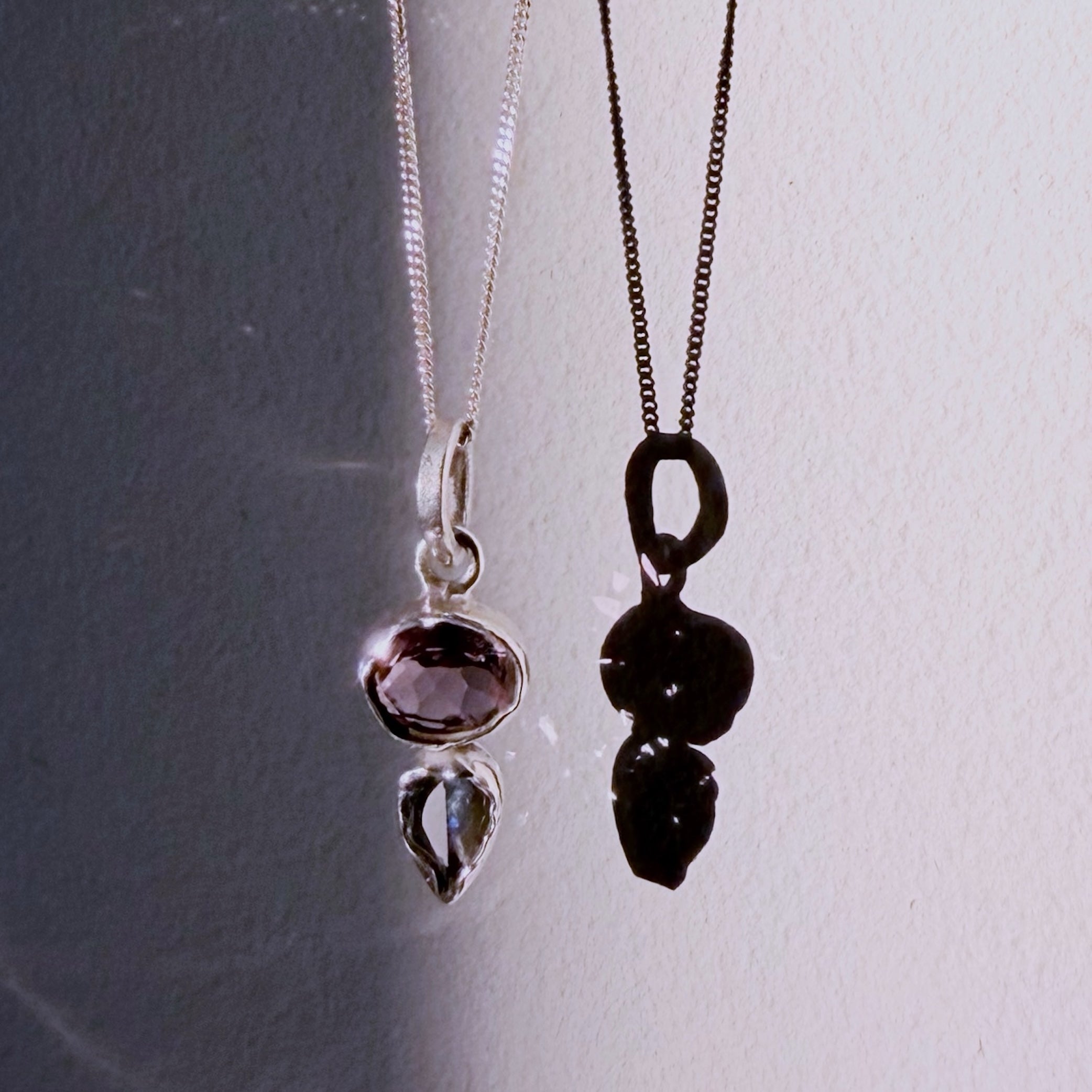 amethyst and blue topaz silver pendant close up
