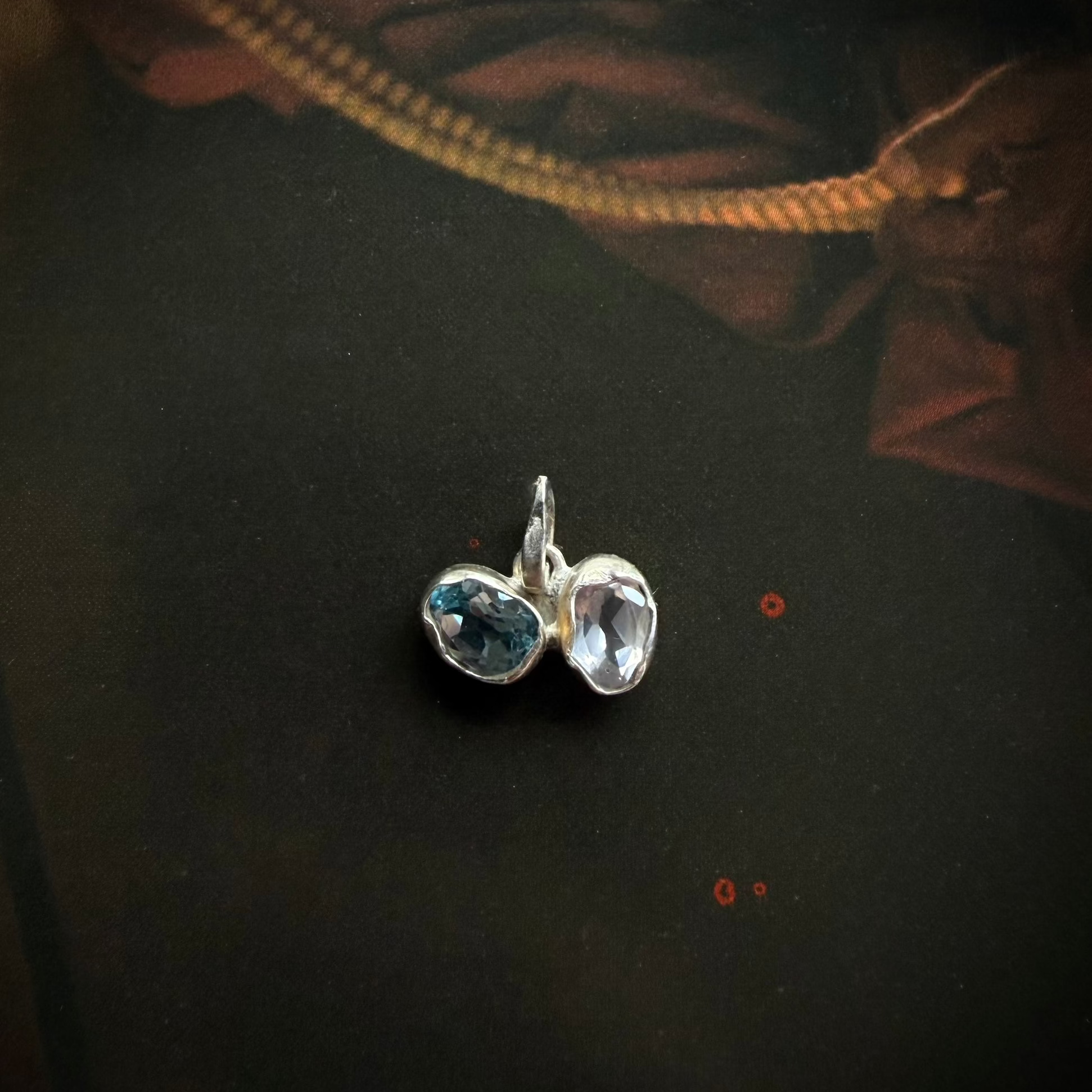 Blue topaz and rose quartz toi et moi pendant in sterling silver handcrafted in Bali