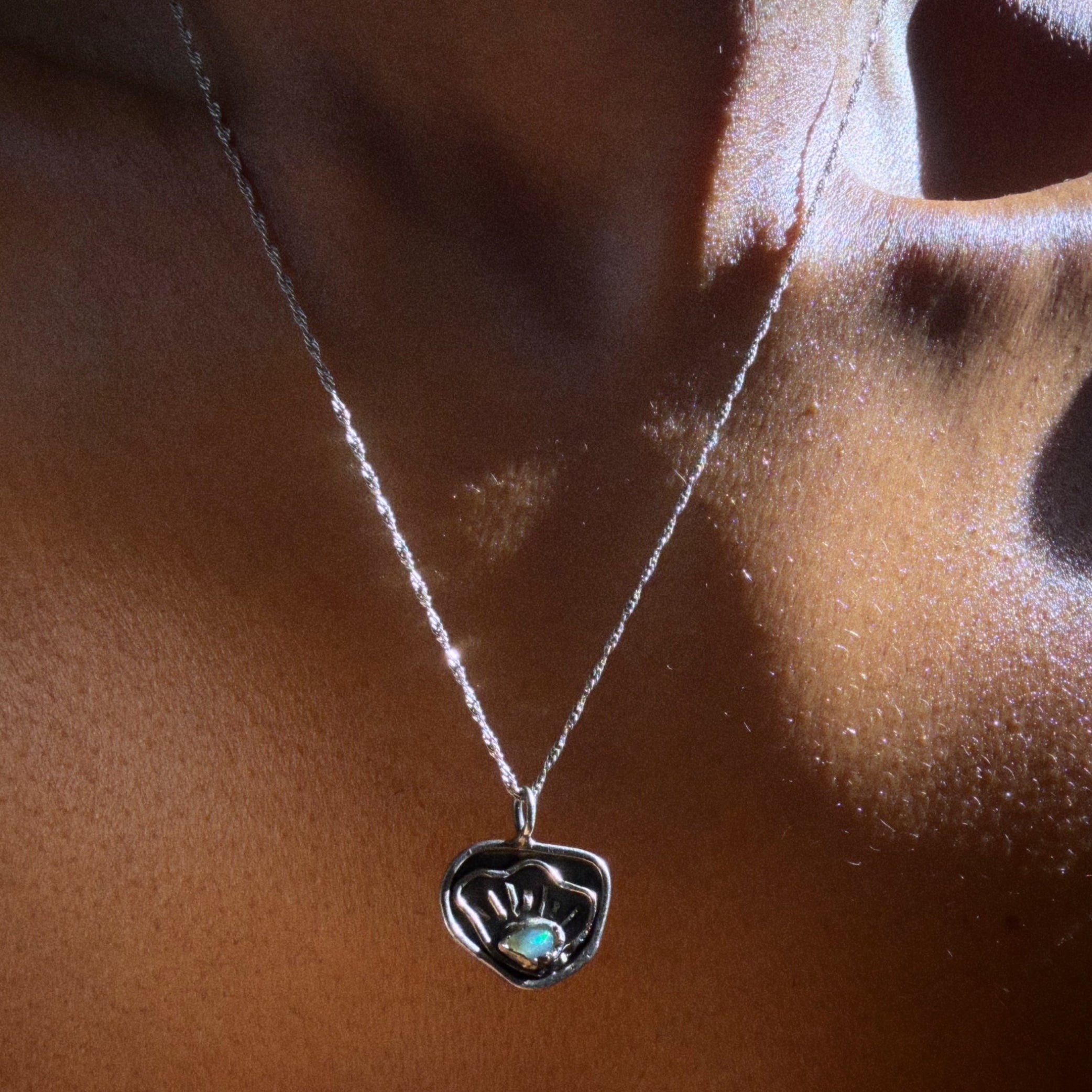 opal shell sterling silver necklace in daylight