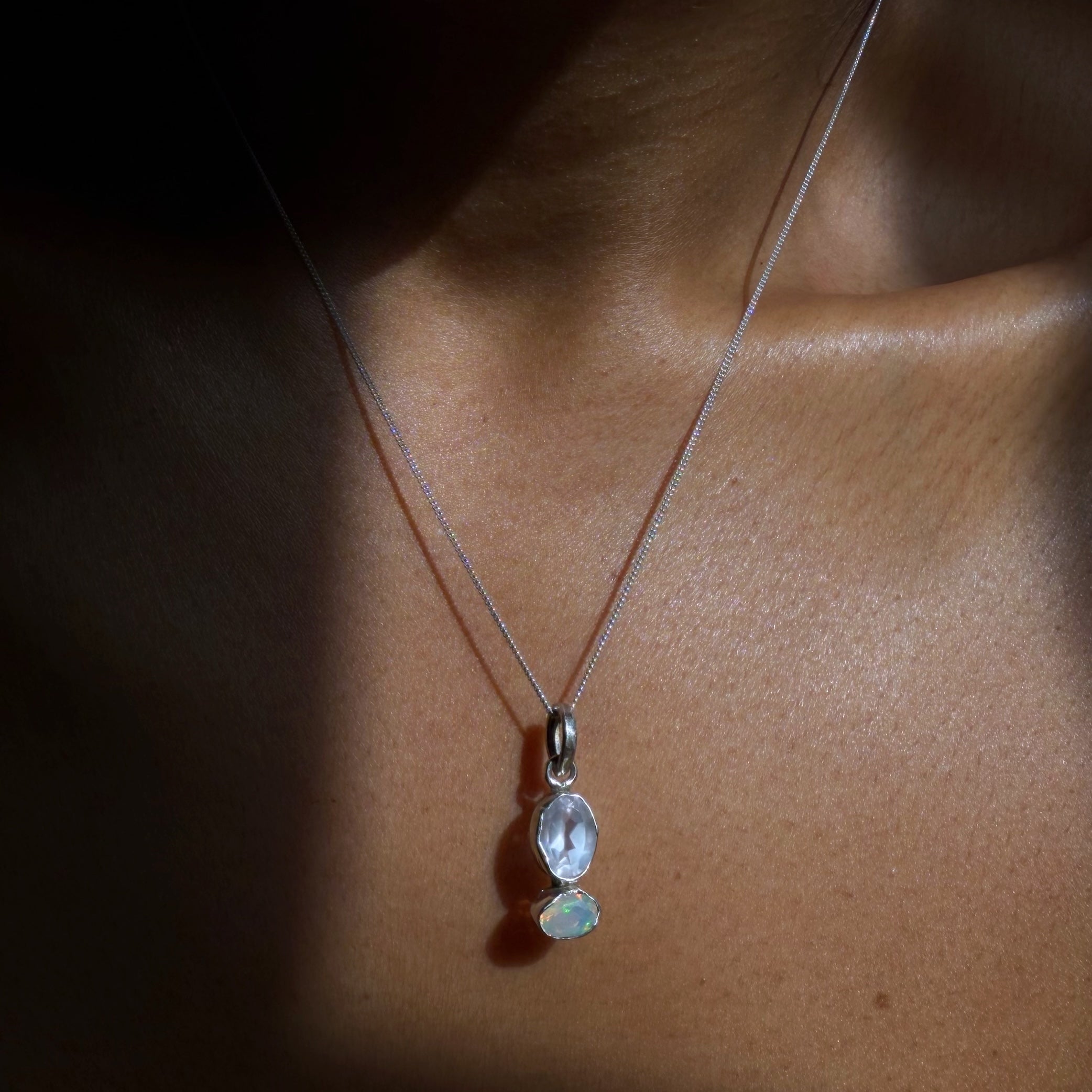 rose quartz opal sterling silver pendant on wearing