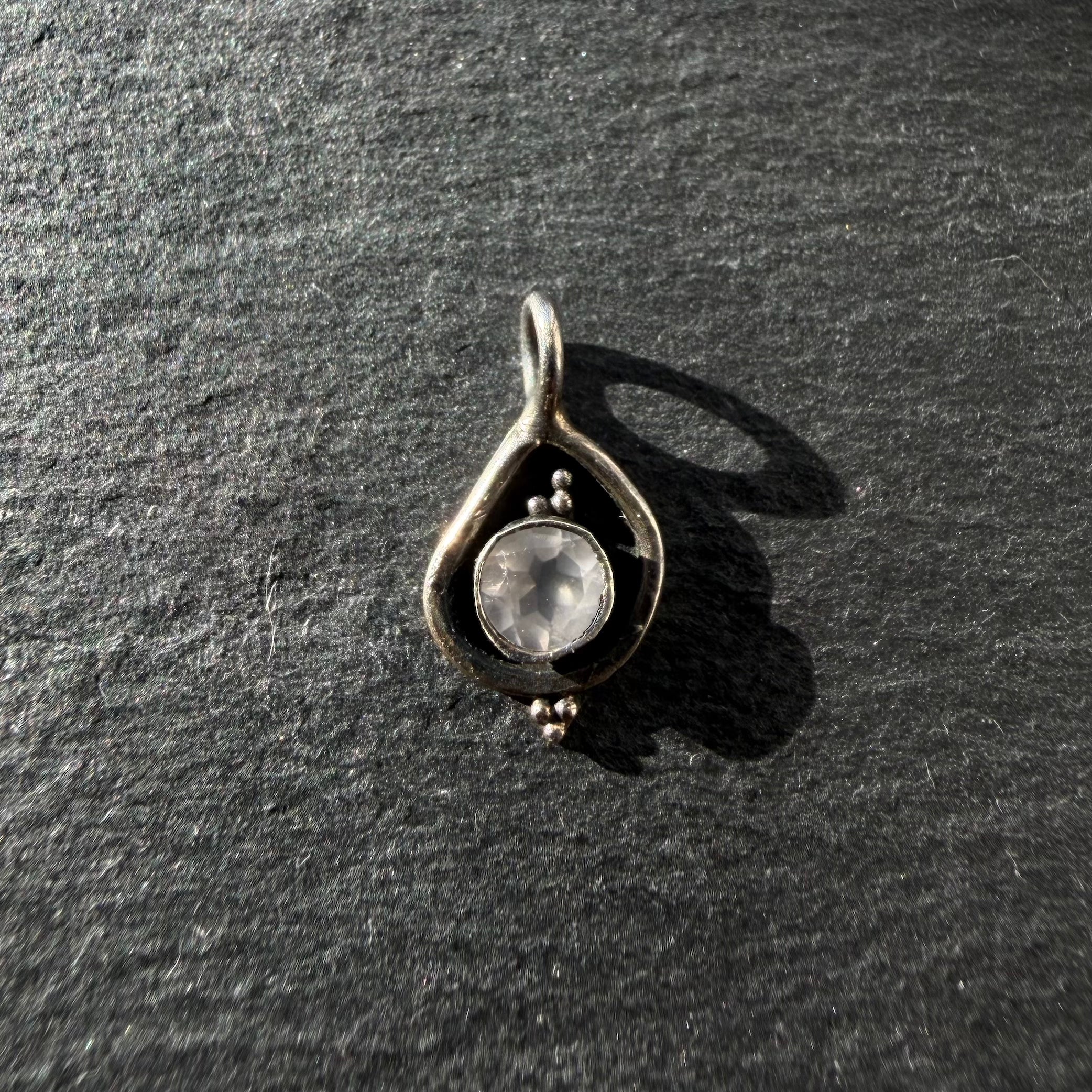 Handcrafted sterling silver petite eye talisman pendant with rose quartz gemstone