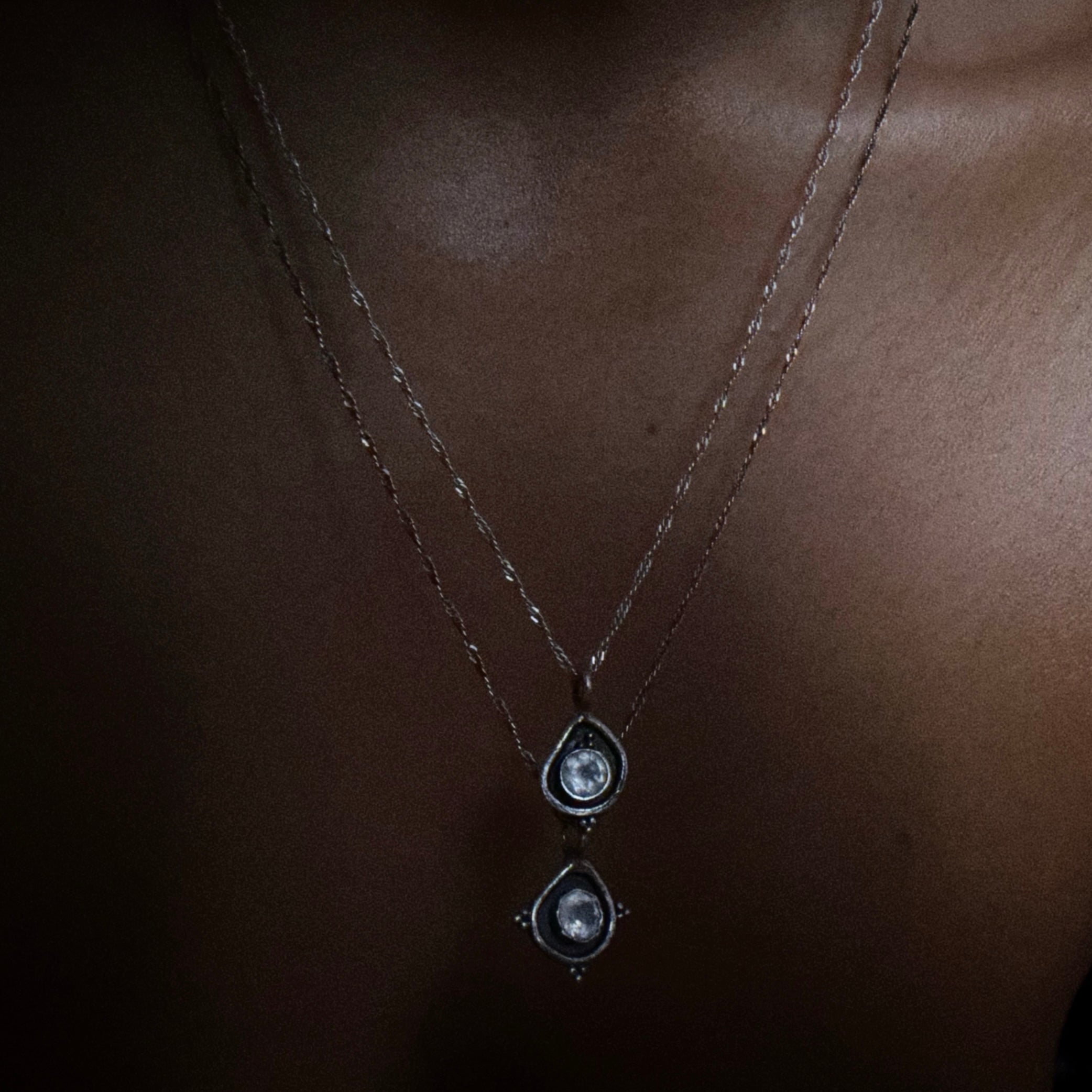 rose quartz petite eye sterling silver necklaces worn together