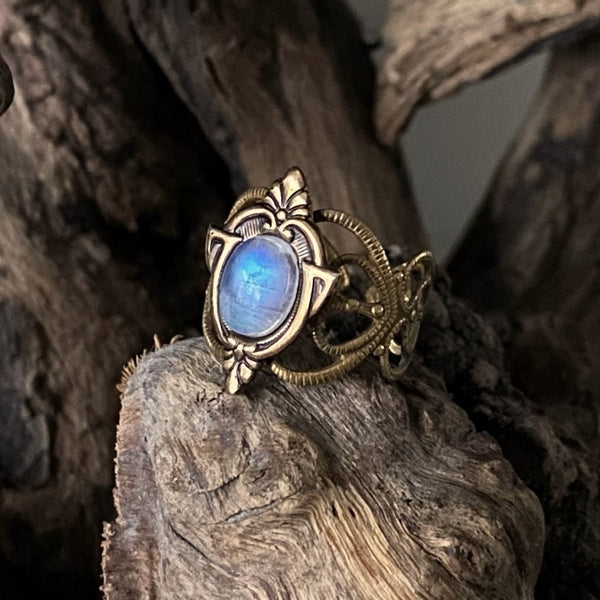 rainbow moonstone brass ring