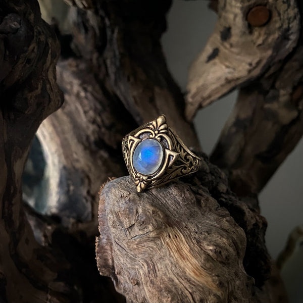Aria Antique Brass Rainbow Moonstone Ring