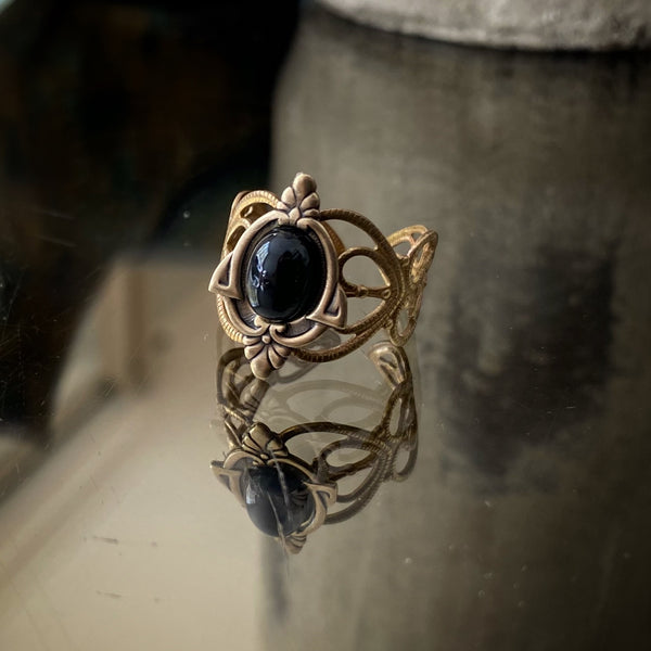 Aria Ornate Brass Onyx Ring