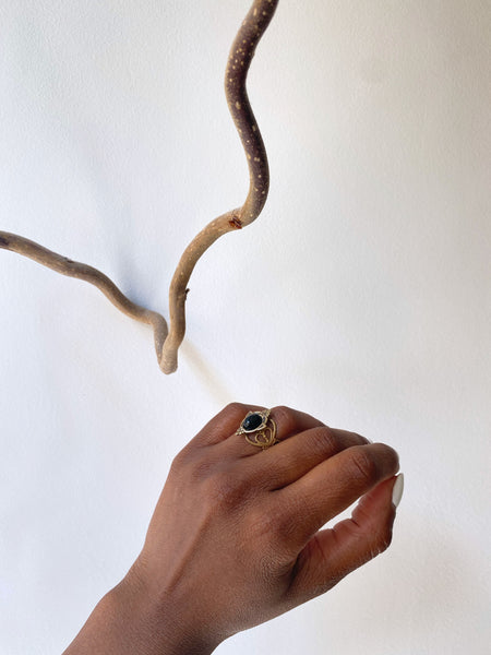 Aria Ornate Brass Onyx Ring