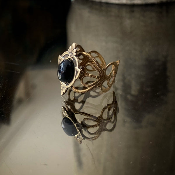 Aria Ornate Brass Onyx Ring