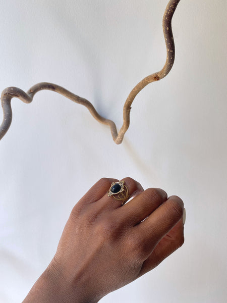Aria Ornate Brass Onyx Ring