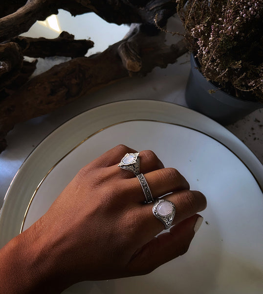 antique moonstone ring and vintage rose quartz ring