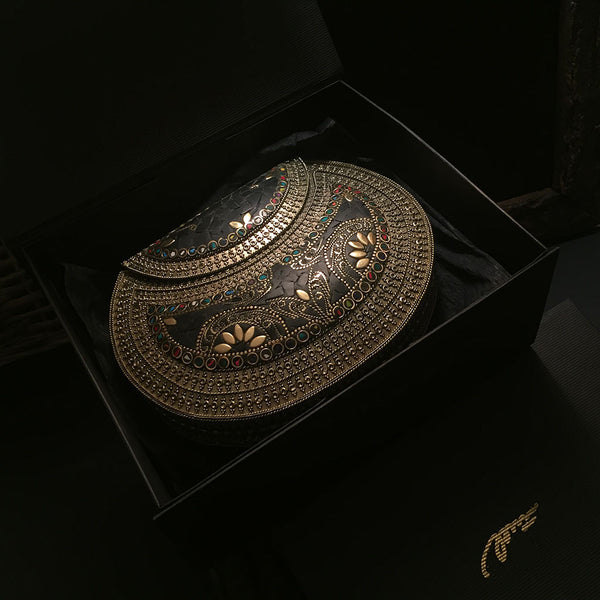 ethnic indian metal bag gift wrapped in a luxury gift box