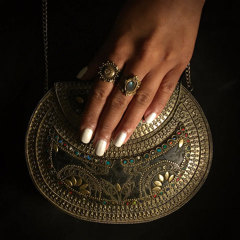 coral ethnic metal clutch with black stone and colour