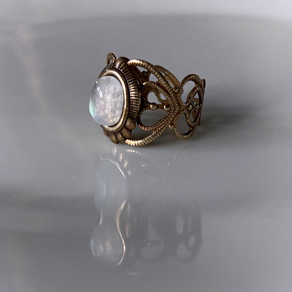 Irissa Antique Brass Rainbow Moonstone Ring