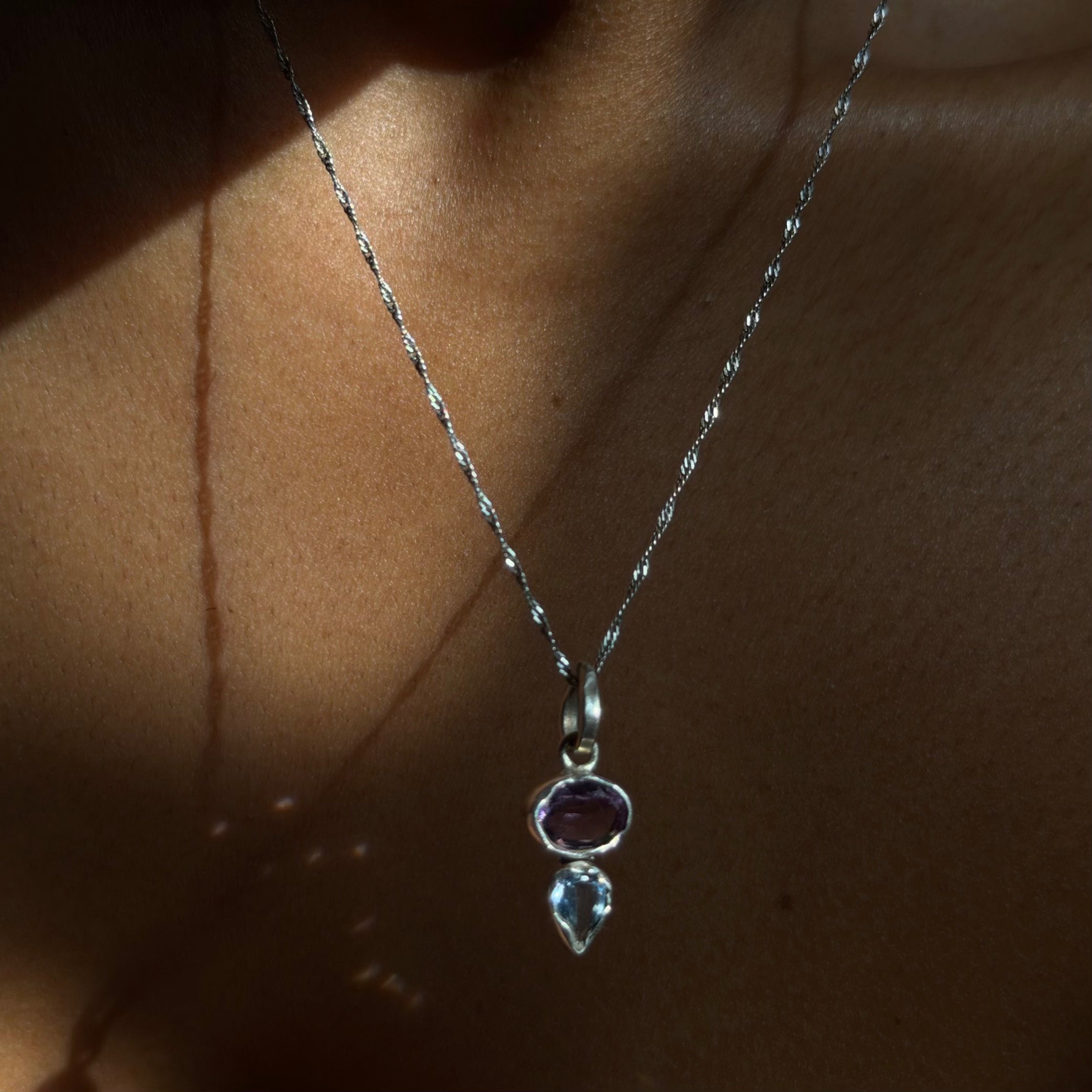 amethyst blue topaz sterling silver pendant on wearing