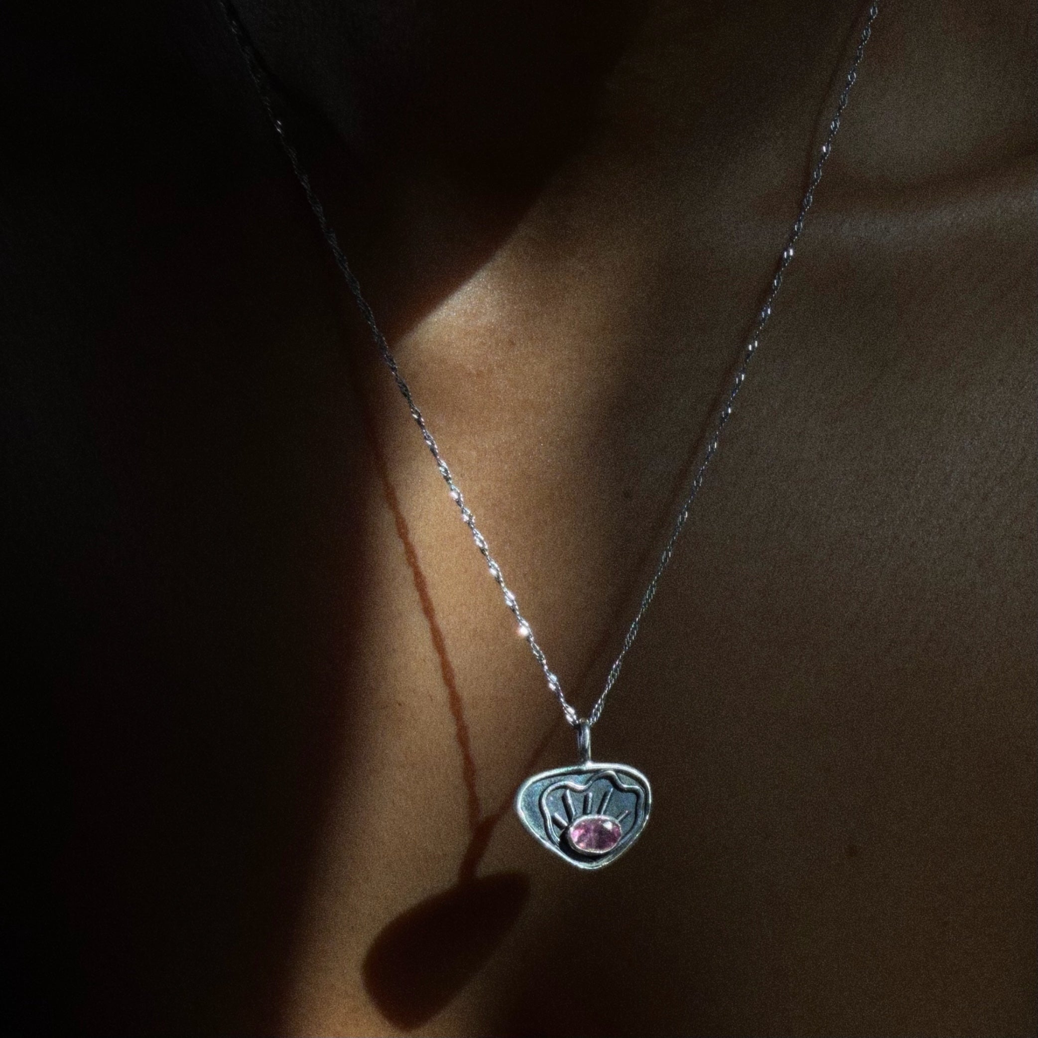 pink tourmaline evil eye sterling silver necklace