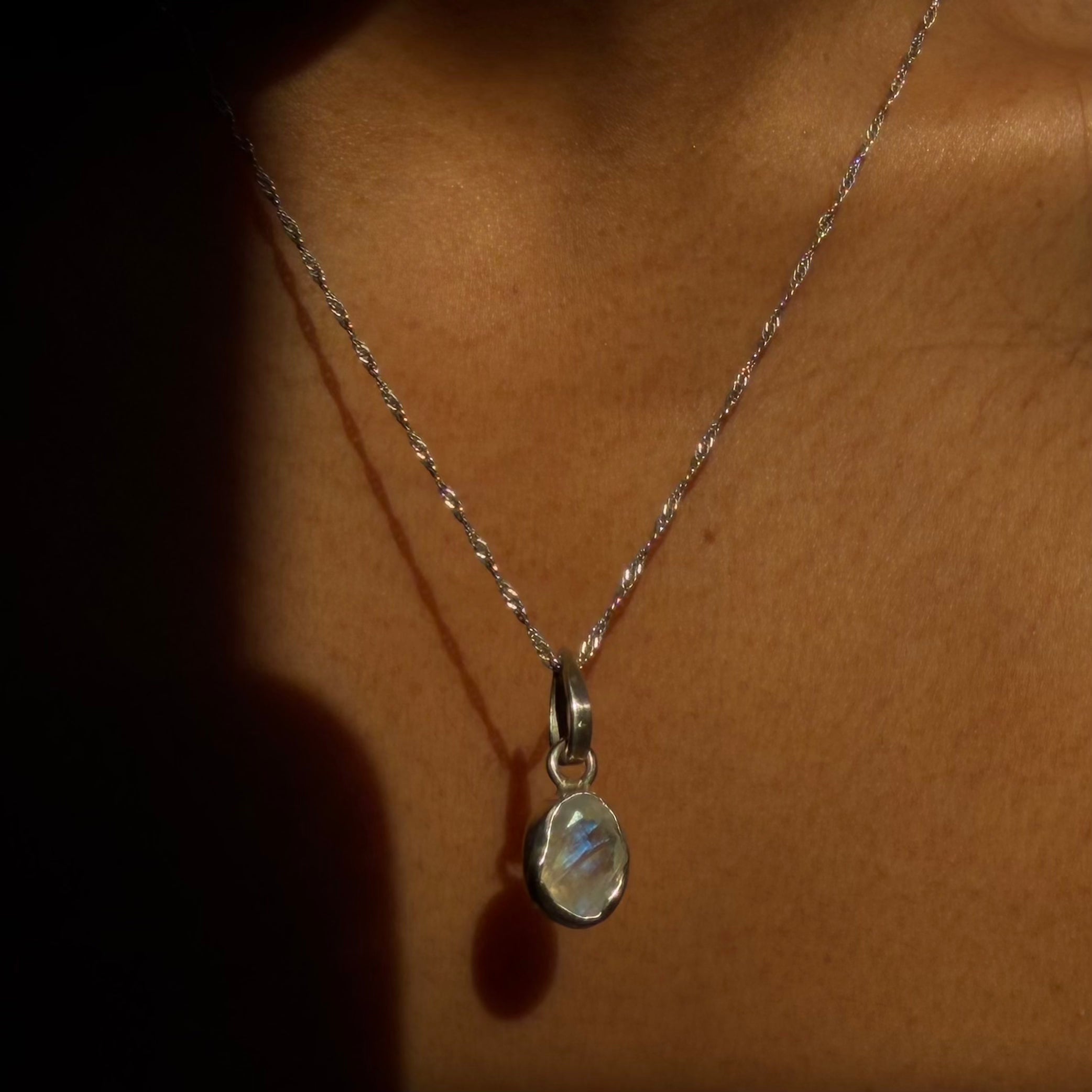 Rainbow Moonstone Solitaire Pendant — Sterling Silver