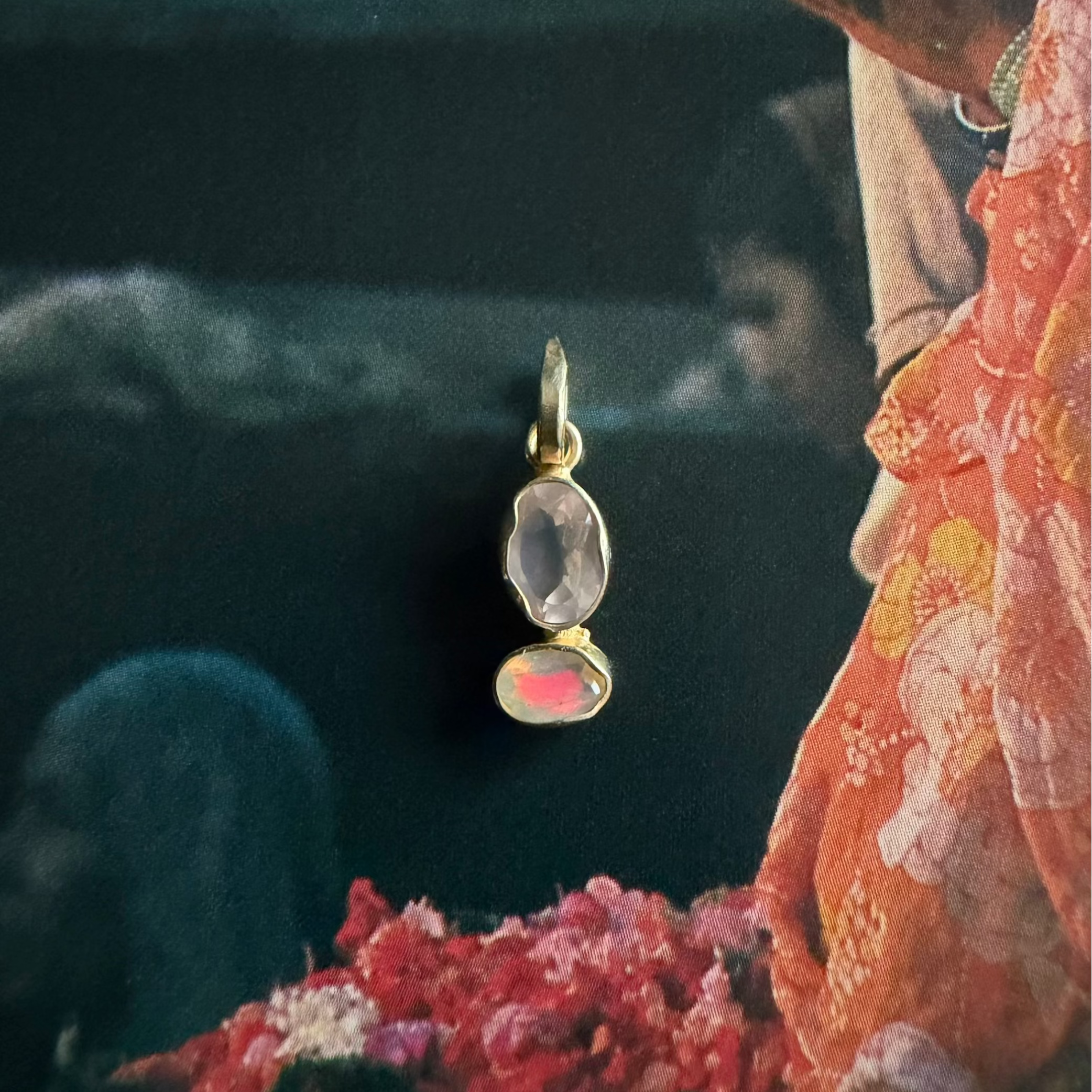 rose quartz and opal gold pendant handcrafted in Bali