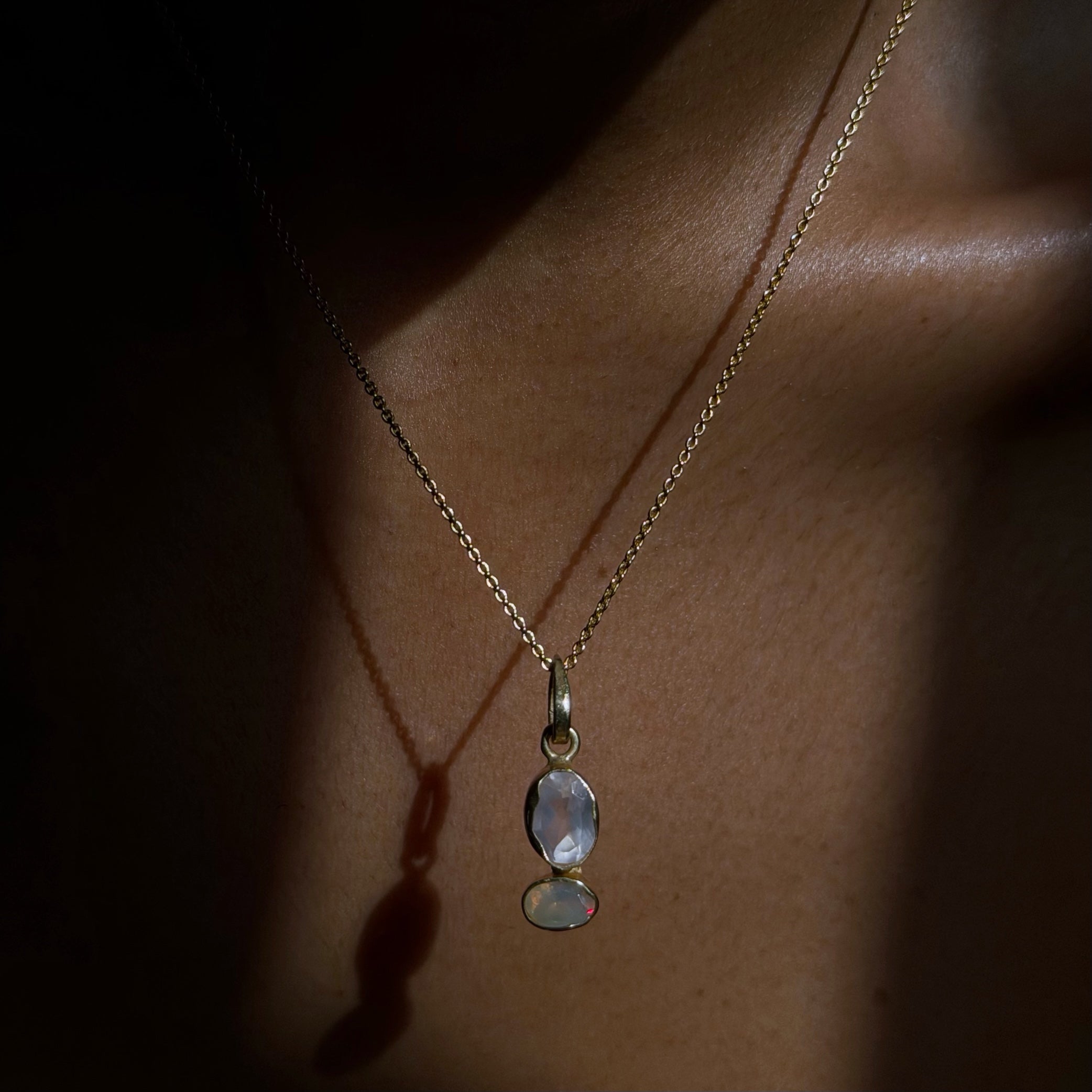 rose quartz opal gold pendant on wearing