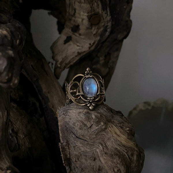 Aria Ornate Brass Rainbow Moonstone Ring