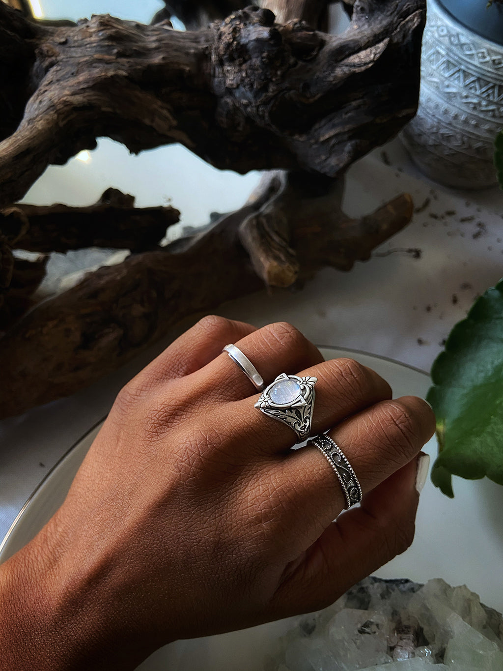 rainbow moonstone silver rings