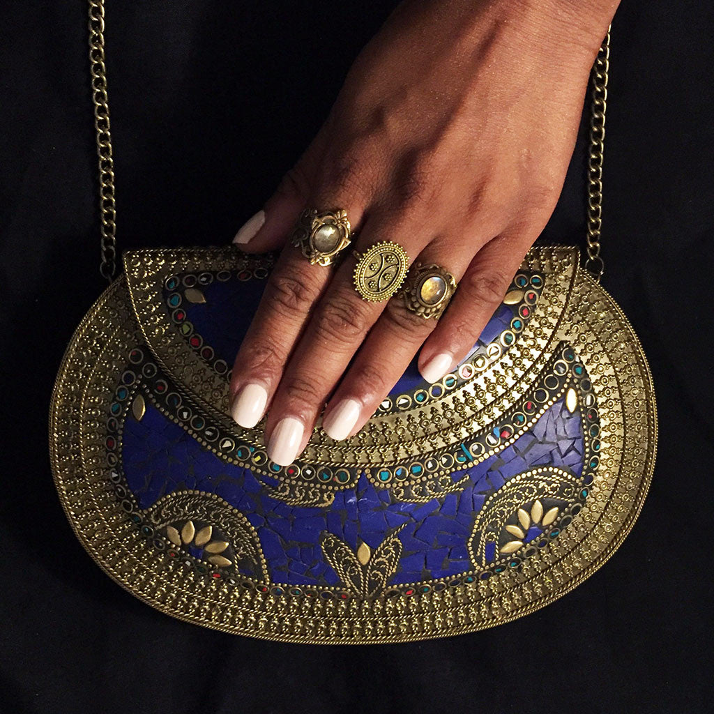 blue metal festival clutch bag